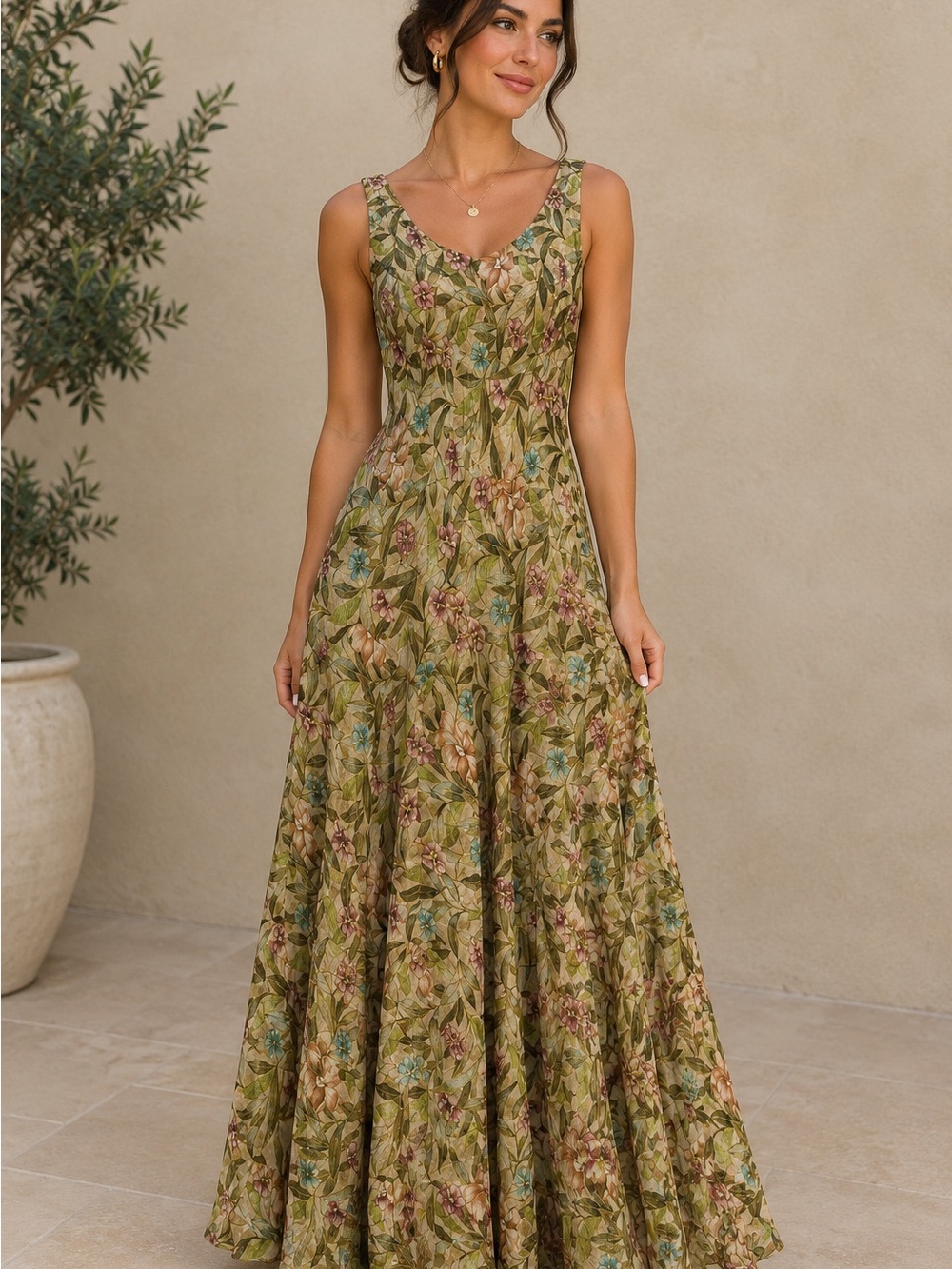 Jones New York Olive Green Floral V-Neck Maxi Dress